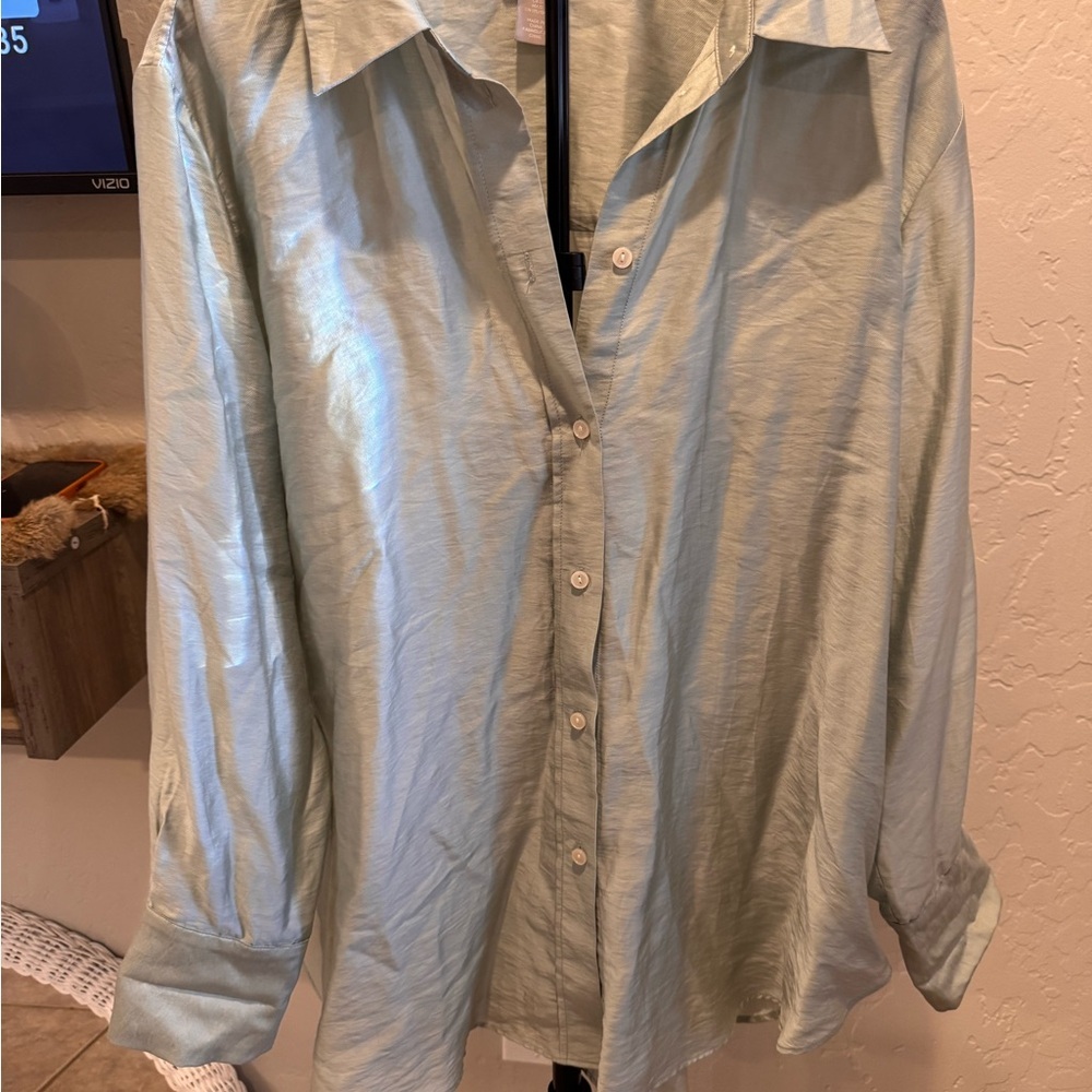 H&M Sage Oversized Satin button-Down Long Sleeve Blouse